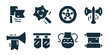© stas111 - Medieval adventure equipment excellent icon collection. Set of flag, mace, wheel, axe, horn, trumpet, jug, and scroll icons