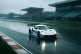 High-speed racing car driving on wet track in rain