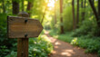© Viktor - Wooden signpost points down forest path. Sunlight filters through green trees on a dirt trail. Nature beckons for adventure and exploration.