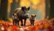 © Pasika - A mother wild boar leads her offspring through a carpet of crimson and gold leaves , orange, fauna
