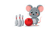 © Elwood - Adorable cartoon mouse character ready to play bowling holding a red ball next to three pins in a fun and playful vector illustration.