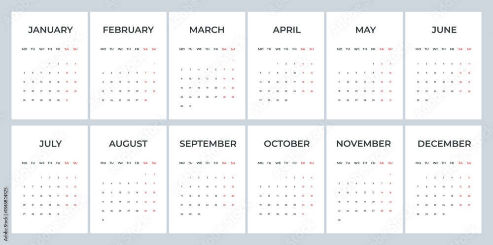 Vector de Stock 2026 minimal calendar template planner, week starts ...