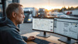 © Katerina Bond - Logistics manager monitoring fleet operations on dual screens at sunset near a truck depot, focusing on route planning, fleet tracking and transportation management.