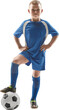 © master1305 - Young boy standing with football in blue uniform on transparent background. Concept of youth football training, beginner athlete mindset, healthy activity, sport childhood, motivation.