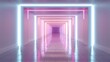© pkproject - A virtual tunnel with repeating geometric frames of glowing neon lights in shades of pink blue and white creating a sense of depth and futuristic atmosphere on a reflective floor