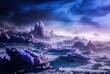 © MdRiaz - Mysterious alien planet landscape with jagged purple rock formations under a dark, cloudy sky