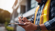 © Kateryna - Faceless foreman's hand using pen checking building inspection report form heavily defocused house background anonymous worker for QC building quality assessment construction