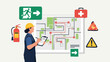 © khafid - Occupational safety and emergency preparedness illustration depicting a worker reviewing a safety plan with hazard symbols and equipment