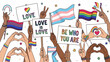 © warsa - A diverse group of hands holding signs and flags promoting love, acceptance, and self-expression, with rainbow and transgender symbols.