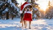 © Fairy Art - Dog in Santa Hat Holding Red Bag on Snowy Background