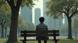 © Tas - A person sits alone on a wooden bench in a park, contemplating the distant city skyline