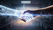 © Vicentia - A human hand shakes a futuristic, glowing digital hand in a data-filled lab environment. This powerful image symbolizes technology, AI, innovation, collaboration, partnership, digital transformation,