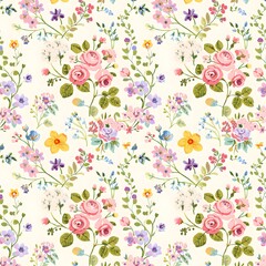  Seamless vintage floral pattern with pink roses and leaves suitable for wallpaper or fabric design