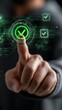© Lui Shtein - A Close-Up of a Finger Interacting with a Digital Checkmark Button Indicating Approval or Confirmation in a Futuristic Interface