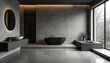 © Maryna - Modern grey stone bathroom interior. Features freestanding black tub, large window with outdoor view. Minimalist design with floating vanity, round mirror with light.