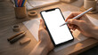 © Giada Anni - Blank mobile screen mockup in artist hands with a white touch pen above desk supplies. Ideal for app ui, handwriting, product display or branded content insert.