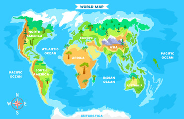  Cartoon-style colorful world map showing continents, labeled oceans, and illustrated vegetation zones on a blue background. Vector illustration