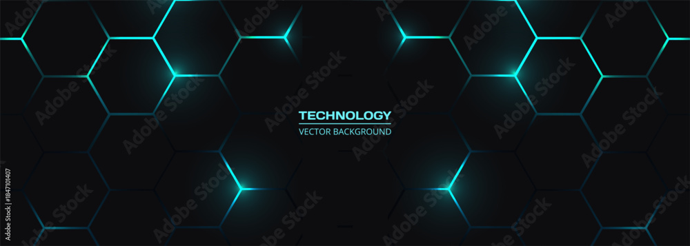 Dark hexagon abstract technology background with blue colored bright ...