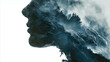 © hakarie - Anxiety Stress and Loneliness Concept, Profile Double Exposure with Mountain Rock and Fog, Copy Space