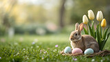 Adorable bunny with pastel Easter eggs and tulips in a spring garden setting