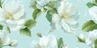 © Eli Berr - Romantic seamless pattern of large white apple cherry blossom sakura and buds on a light blue background for design, feminine fabrics, luxurious wallpapers, or graceful stationery.