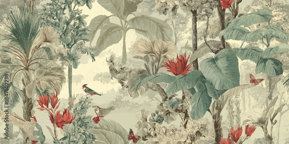 Vintage engraved style seamless pattern of a tropical jungle with palm leaves, birds, and butterflies for exotic wallpapers, fabrics, or luxury packaging