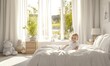 © Vector - Modern bedroom with clean white bedding, wooden side tables, and large windows letting in bright sunlight