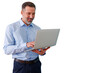 © Komora - Smiling bearded businessman holding and typing on laptop, networking and managing business online with transparent background