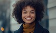© Vector - Smiling woman with curly hair in urban outdoor setting.