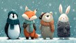 © sablengjago - Charming illustration of four cartoon animals in winter attire standing in falling snow, creating a heartwarming holiday scene