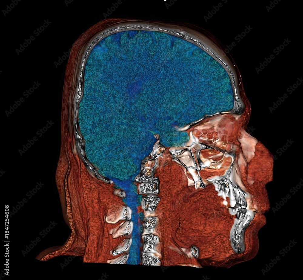 Skull Scan 3D sagittal CT scan of the human head showing detailed brain, skull ...