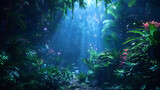 Alien jungle landscape filled with lush vegetation and glowing bioluminescent plants, ideal for science fiction, fantasy, and imaginative world-building themes.
