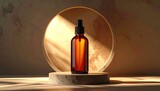 Amber glass spray bottle on a pedestal, illuminated by soft sunlight