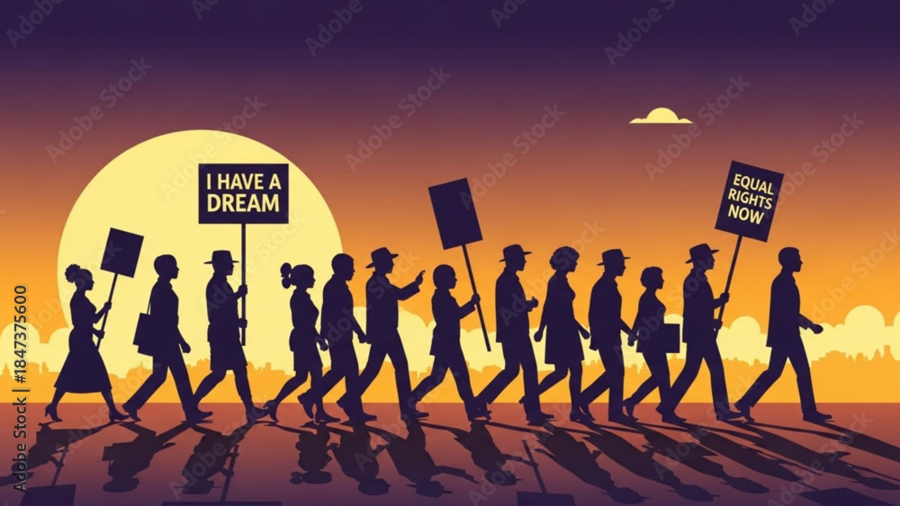 Group of people marching in protest with signs for equal rights and a ...