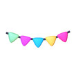 © PATH WA RIN - A 3D stylized triangular party bunting featuring five colorful pennants in mint green, purple, blue, yellow, and pink hanging from a dark string.