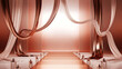 © mdshahadathossen - Fashion Stage Elegance: A luxurious fashion stage with flowing, rich fabric drapes and a runway invites dreams and fashion events. The image has a metallic hue.