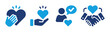 © Icons-Studio - Flat vector icon set representing trust, care, honesty, compassion and human connection, featuring hands, hearts, handshake and user approval symbols