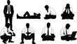 © Anu's World - Business man silhouette vector set, various poses: standing, lying down, squatting, sitting, thinking, working on laptop, representing corporate diversity and professional lifestyle concept.