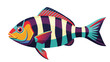 © Awan - A vibrant and captivating stylized fish illustration, featuring striking horizontal stripes in a spectrum of bold and bright colors, depicting a