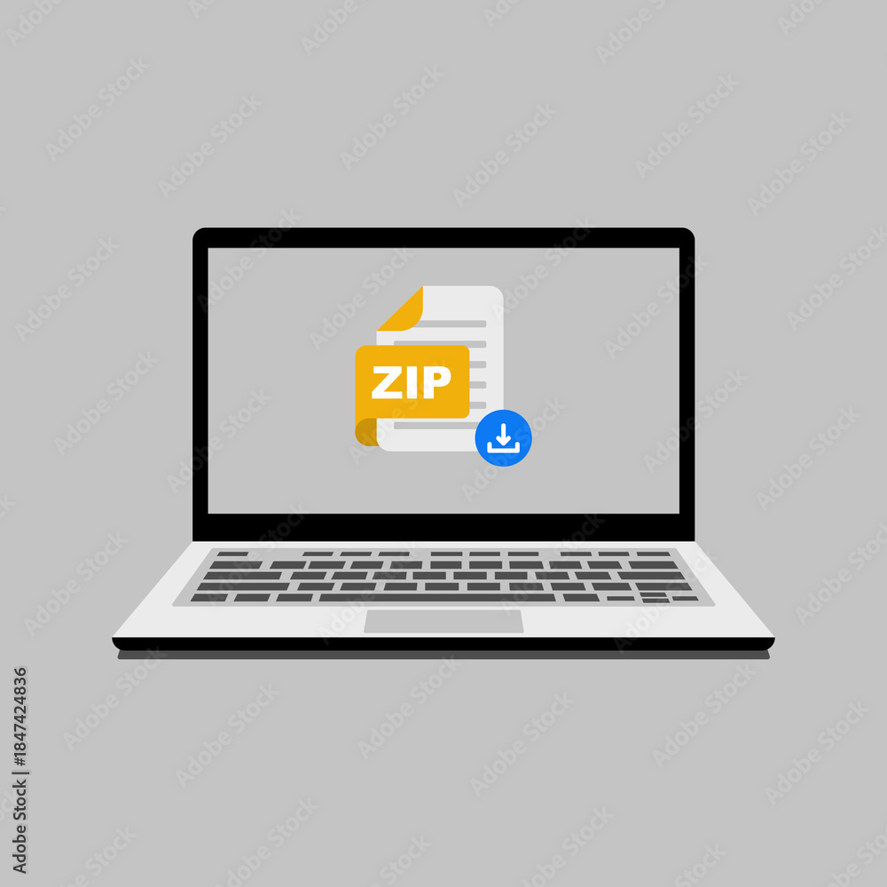 Laptop displaying a compressed ZIP file icon with a download symbol ...