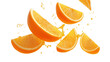 © Atlas - Segments of orange flying through the air with droplets, AI, PNG