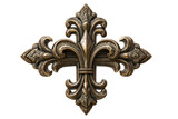 Ornate metallic cross with fleur de lis symbol and antique bronze finish isolated on transparent background