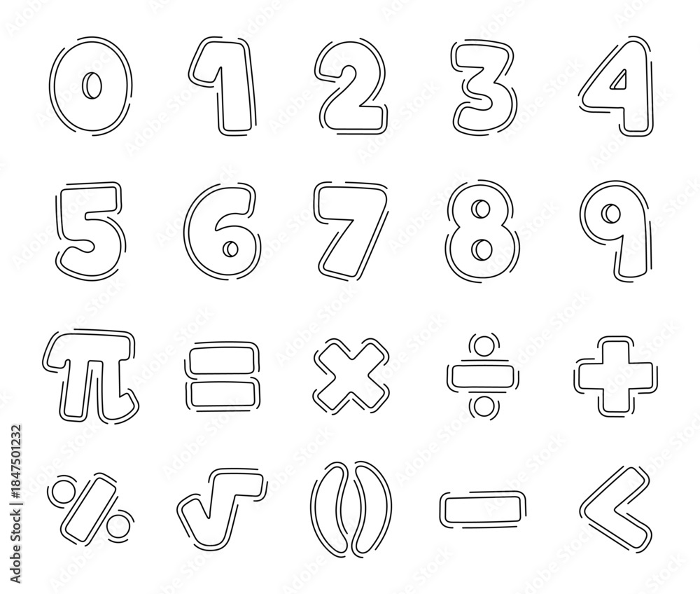 Math Outlined Plus Signs Mathematics symbol set in outline line art showing educational numbers ...