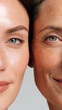 © dinatychynska - Aging skin comparison: young and mature women faces side by side. Natural wrinkles, texture differences, pigmentation. Skincare, beauty treatment, anti-aging concept.