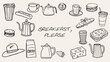 © Наталья Дьячкова - Breakfast Set of Food, Drinks, Pots, Cups in Vintage Hand Draw Sketch Style. Food and Drinks in Doodle Simple Style for Trendy Hand Drawn Design.