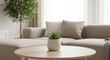 © AI Images Studio - Cozy living room interior with light brown wooden coffee table. Small succulent plant sits on table. Beige sofa blurred in background