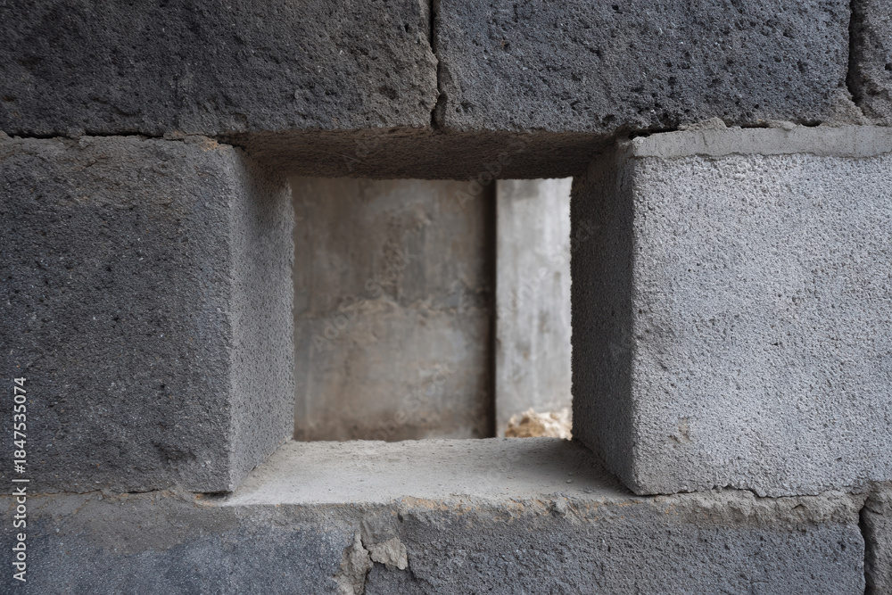 Window opening concrete block masonry wall rough texture urban site ...