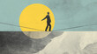 © Sukifli Dakheng - Man silhouette balance tightrope retro collage minimal sun man silhouette balance tightrope retro collage minimal sun abstract risk business cliff danger challenge concept sky yellow blue texture