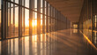 © Somlith Khmu - Modern architectural interior at sunrise: a sleek glass-walled corridor in a contemporary office building, floor-to-ceiling windows reflecting warm golden sunlight, long clean lines