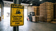 © AiDesign - Warehouse forklift operation safety zone warning preventing workplace injury accident through proper signage communication protocol OSHA compliance industrial logistics material handling risk